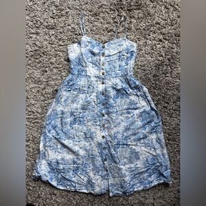 H&M Toile Linen Button Down Front Midi Smocked A-Line Dress US 8 U.K. 12 Blue